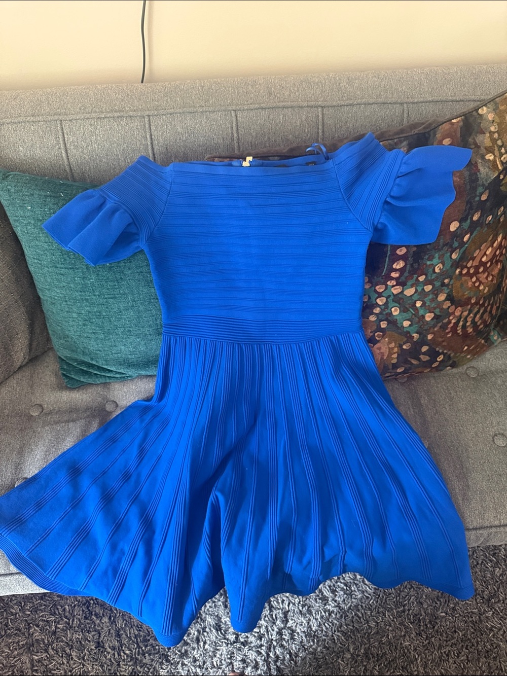 Ted Baker Royal Blue Fit-and-Flare Dress with Flutter Sleeves